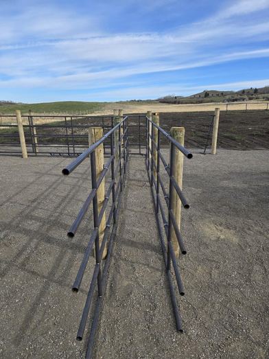 End-on view of two parallel Ranchcore panel runs forming a laneway between wooden posts