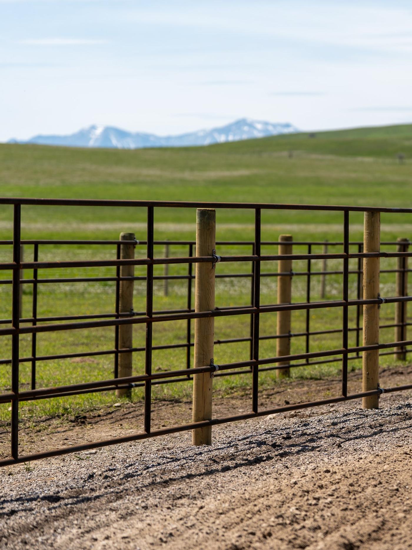 Ranchcore 5-rail welded steel fence with Rocky Mountain foothills behind