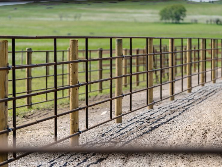 Ranchcore panel fence receding diagonally past wooden posts
